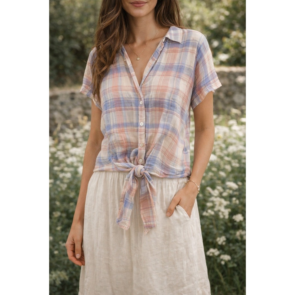 Bella Dahl Womens Plaid Tie Front Top S Short Sleeve Button Up Rayon Made in USA